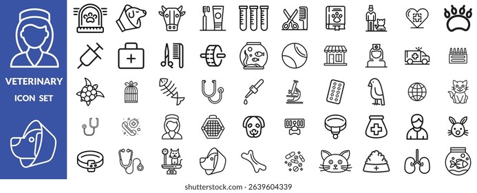 Veterinary icon set. Contains such icons as pets, medical history, health care, vet, vaccines, test, dental care, antiparasitic, diagnosis, x ray, veterinary clinic and more. Vector illustration desig
