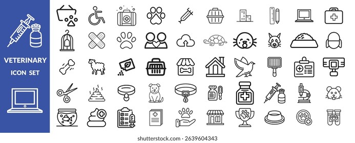 Veterinary icon set. Contains such icons as pets, medical history, health care, vet, vaccines, test, dental care, antiparasitic, diagnosis, x ray, veterinary clinic and more. Vector illustration desig