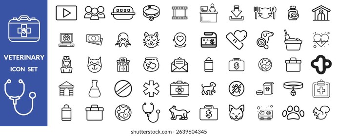 Veterinary icon set. Contains such icons as pets, medical history, health care, vet, vaccines, test, dental care, antiparasitic, diagnosis, x ray, veterinary clinic and more. Vector illustration desig