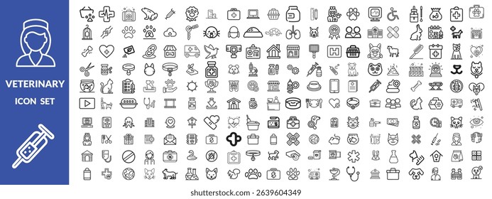 Veterinary icon set. Contains such icons as pets, medical history, health care, vet, vaccines, test, dental care, antiparasitic, diagnosis, x ray, veterinary clinic and more. Vector illustration desig