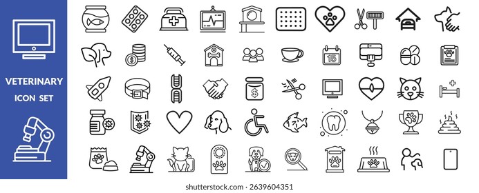 Veterinary icon set. Contains such icons as pets, medical history, health care, vet, vaccines, test, dental care, antiparasitic, diagnosis, x ray, veterinary clinic and more. Vector illustration desig