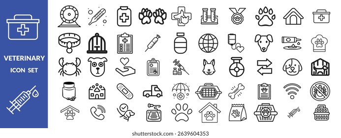 Veterinary icon set. Contains such icons as pets, medical history, health care, vet, vaccines, test, dental care, antiparasitic, diagnosis, x ray, veterinary clinic and more. Vector illustration desig