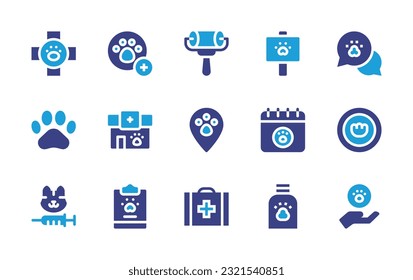 Veterinary icon set. Duotone color. Vector illustration. Containing veterinary, roller, sign, chat, paws, placeholder, calendar, pill, cat, clipboard, shampoo, animal care.