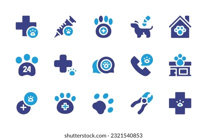 Veterinary icon set. Duotone color. Vector illustration. Containing veterinary, animals, dog, pet house, vet, call center, animal shelter, pawprint, nail clipper.