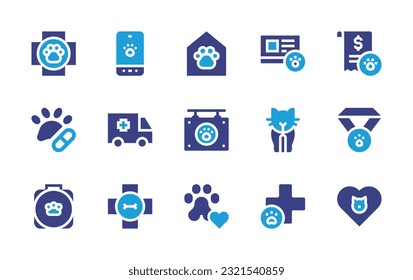 Veterinary icon set. Duotone color. Vector illustration. Containing vet, pet, shelter, member card, bill, pills, ambulance, sign, cat, first aid kit, health, veterinary.