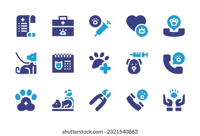 Veterinary icon set. Duotone color. Vector illustration. Containing prescription, first aid kit, vaccine, pet care, consult, dog, calendar, call, veterinary, nail clipper, hotline, animals.