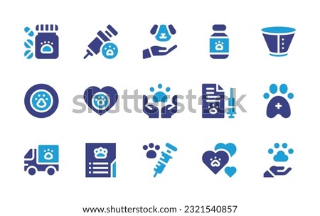 Veterinary icon set. Duotone color. Vector illustration. Containing medicine, vaccine, animal care, cone of shame, pill, veterinary, vaccination, ambulance, animal vaccination, love, animal.