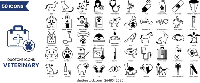 Veterinary icon set in duotone style. Contains such icons as pets, medical history, health care, vet, vaccines, test, dental care, diagnosis, x ray, veterinary clinic and more. Vector illustration