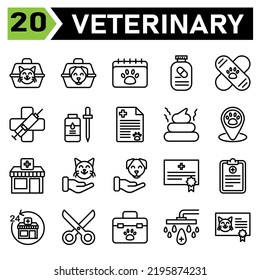 Veterinary Icon Set Include Carrier, Vet, Pet, Box, Cat, Dog, Calendar, Appointment, Veterinary, Schedule, Medication, Supplement, Vitamin, Vaccine, Bandied, Clinic, Medic, Syringe, Virus, Flee