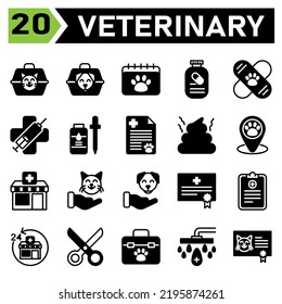 Veterinary Icon Set Include Carrier, Vet, Pet, Box, Cat, Dog, Calendar, Appointment, Veterinary, Schedule, Medication, Supplement, Vitamin, Vaccine, Bandied, Clinic, Medic, Syringe, Virus, Flee