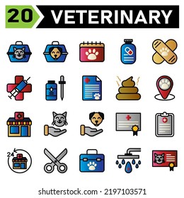 Veterinary Icon Set Include Carrier, Vet, Pet, Box, Cat, Dog, Calendar, Appointment, Veterinary, Schedule, Medication, Supplement, Vitamin, Vaccine, Bandied, Clinic, Medic, Syringe, Virus, Flee