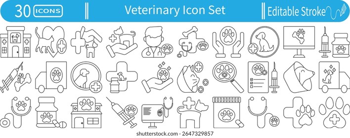 Veterinary icon set. Includes veterinary hospital, pet care, dog and cat treatments, stethoscope, syringe, paw, and clinic tools—editable stroke. Clean style.
