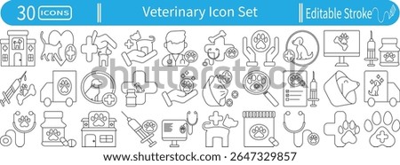 Veterinary icon set. Includes veterinary hospital, pet care, dog and cat treatments, stethoscope, syringe, paw, and clinic tools—editable stroke. Clean style.
