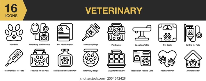 Veterinary icon set. Includes paw print, medical syringe, carrier, pet health, and More. Outline icons vector collection.