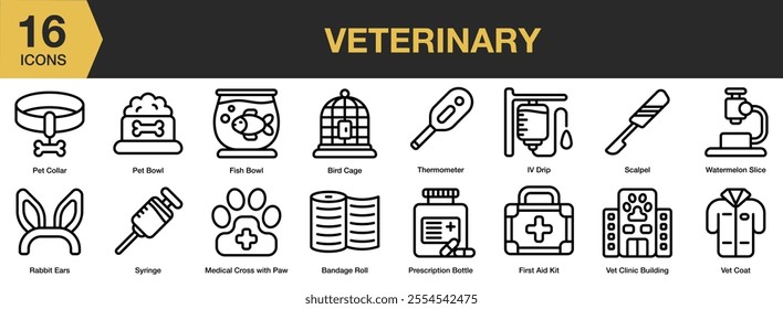 Veterinary icon set. Includes pet collar, fish bowl, pet bowl, scalpel, syringe, and More. Outline icons vector collection.