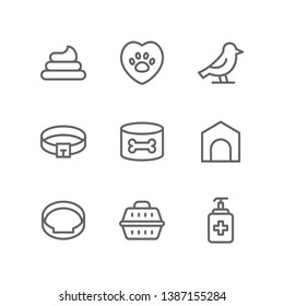 Veterinary icon set including poop, vet, clinic, bird, dog collar, food, dog house, pet, bed, carrier, cargo, antiseptic