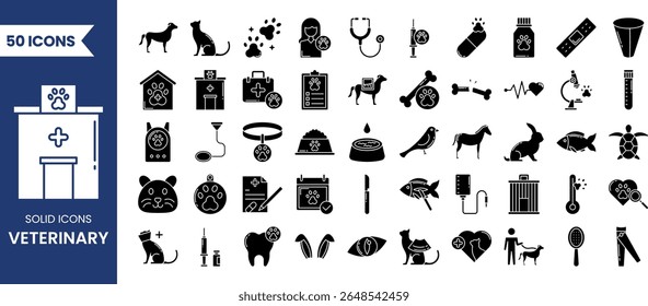 Veterinary icon set in solid style. Contains such icons as pets, medical history, health care, vet, vaccines, test, dental care, diagnosis, x ray, veterinary clinic and more. Vector illustration