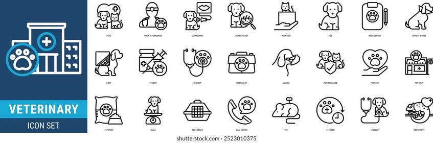 Conjunto de iconos veterinarios Ilustración de stock con estilo de línea que incluye mascotas, veterinario masculino, ultrasonido, dermatología, adopción, perro, registro, cono de la vergüenza, rayos X, vacuna