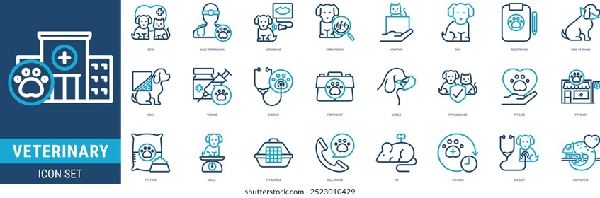 Conjunto de iconos veterinarios Ilustración de stock con estilo de línea 2 tono que incluye mascotas, veterinario masculino, ultrasonido, dermatología, adopción, perro, registro, cono de la vergüenza, rayos X, vacuna