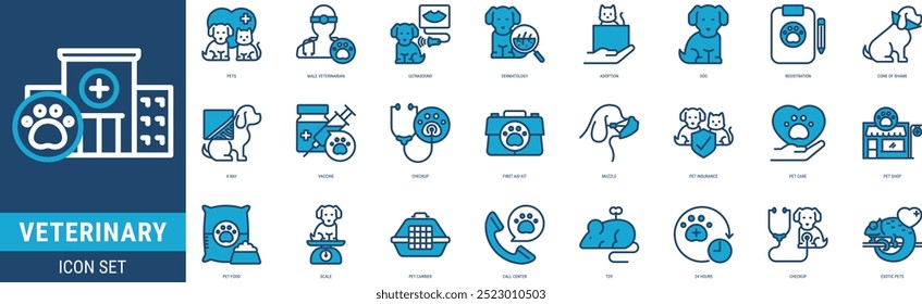 Conjunto de iconos veterinarios Ilustración de stock con estilo LineBlue que incluye mascotas, veterinario masculino, ultrasonido, dermatología, adopción, perro, registro, cono de la vergüenza, rayos X, vacuna