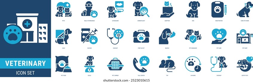 Conjunto de iconos veterinarios Ilustración de stock con estilo de glifo de 2 tonos que incluye mascotas, veterinario masculino, ultrasonido, dermatología, adopción, perro, registro, cono de la vergüenza, rayos X, vacuna