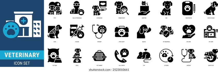 Conjunto de iconos veterinarios Ilustración de stock con estilo de glifo que incluye mascotas, veterinario masculino, ultrasonido, dermatología, adopción, perro, registro, cono de vergüenza, rayos X, vacuna