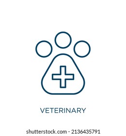Tierarztsymbol. Dünne lineare veterinärmedizinische Umrisssymbol einzeln auf weißem Hintergrund. Veterinär-Kennzeichen der Linie, Symbol für Web und Mobilfunk