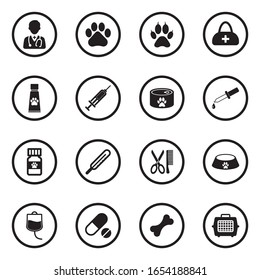 Iconos veterinarios. Diseño Plano Negro En Círculo. Ilustración vectorial.
