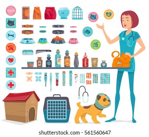 Veterinary icons collection with pet doctor   medical tools and animal products isolated vector illustration