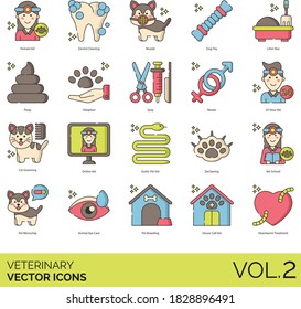 Veterinary Icons Including Female Vet, Dental Cleaning, Muzzle, Dog Toy, Litter Box, Poop, Adoption, Spay, Neuter, 24 Hour, Cat Grooming, Online, Exotic Pet, Declawing, School, Microchip, Eye Care.