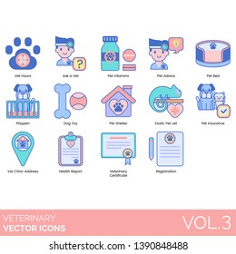 Veterinary icons including hours, ask a vet, vitamins, advice, bed, playpen, dog toy, pet shelter, exotic, insurance, clinic address, health report, certificate, registration.