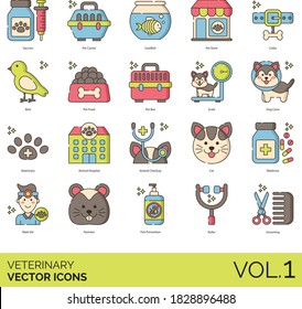 Veterinary icons including vaccine, pet carrier, goldfish, store, collar, bird, food, scale, dog cone, animal hospital, checkup, cat, medicine, male vet, hamster, tick prevention, roller, grooming.