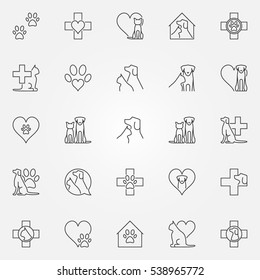 Veterinary icons or logo elements. Vector collection of vet and pet concept sign in thin line style