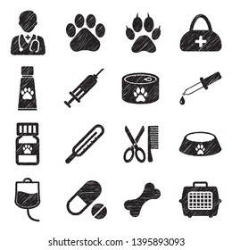 Veterinary Icons. Set 2. Black Scribble Design. Vector Illustration.