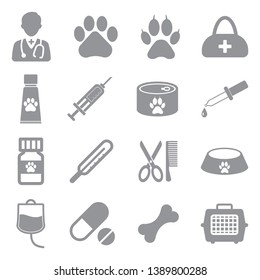 Veterinary Icons. Set 2. Gray Flat Design. Vector Illustration.