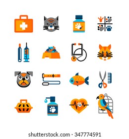 Veterinary icons set in cartoon style with pets and elements of medical and hygiene care isolated vector illustration 