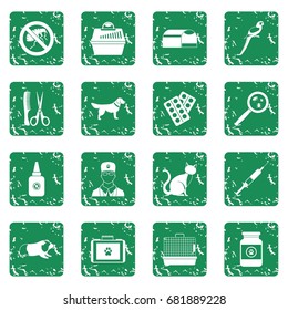 Veterinary icons set in grunge style green isolated vector illustration