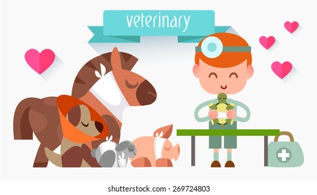 Veterinary illustration style flat. Doctor with animals. Profession vet. Treatment of pets.