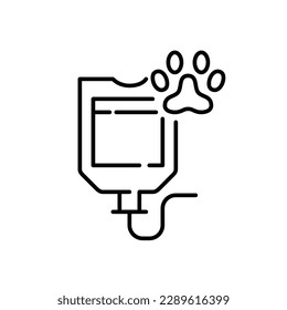 Veterinary intensive care unit and surgery. IV drip with pet paw. Pixel perfect, editable stroke icon