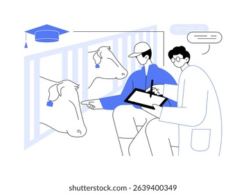 Veterinary internship isolated cartoon vector illustrations. Farmer and veterinarian student check the cows health, doctoral degree, animal science, veterinary medicine vector cartoon.