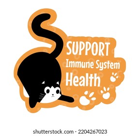 Veterinary label or sticker for owners of pets. Support immune system health of your cat. Playful kitty, small feline mammal playing. Caring for kittens, specialist treatment. Vector in flat style