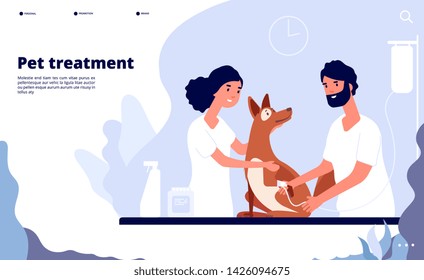 Veterinary landing. Veterinarian treats pet in clinic. Treatment, counseling and care for pets vector website concept. Illustration of care dog, professional help in clinic