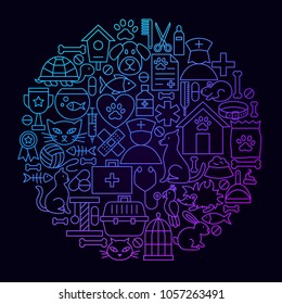 Veterinary Line Icon Circle Concept. Vector Illustration of Pet Objects.