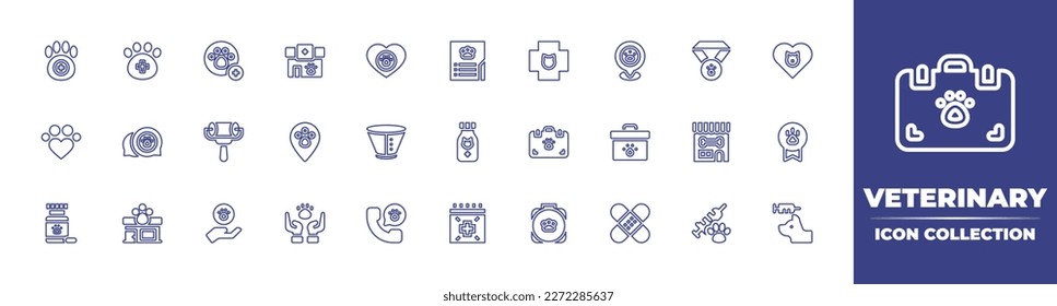 Veterinary line icon collection. Editable stroke. Vector illustration. Containing veterinary, pet, animal track, roller, placeholder, cone of shame, medicine, first aid kit, pet shop, medal.
