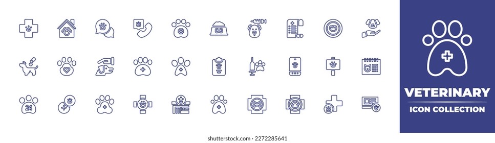 Veterinary line icon collection. Editable stroke. Vector illustration. Containing veterinary, pet house, chat, call center, food, dog, prescription, pill, animal care, pet, pet care, clipboard.
