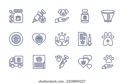 Juego de iconos de línea veterinaria. Trazo editable. Ilustración vectorial. Conteniendo medicina, vacuna, cuidado animal, cono de la vergüenza, píldora, veterinaria, vacunación, ambulancia, vacunación animal, amor, animal.