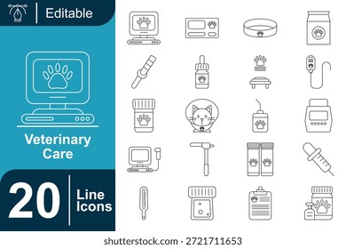 Veterinary line icon set showing animal healthcare, pet treatment, and medical equipment. Minimal outline style with consistent strokes and clean details, ideal for modern UI, dashboards, and web design.