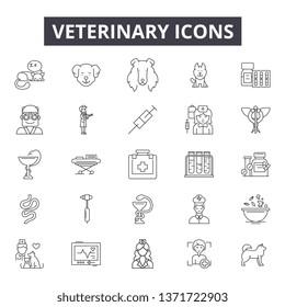 Veterinary line icons, signs set, vector. Veterinary outline concept, illustration: veterinary,animal,care,dog,pet,puppy,vet