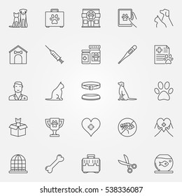 Veterinary line icons. Vector set of vet, pet and veterinary clinic creative symbols in thin line style