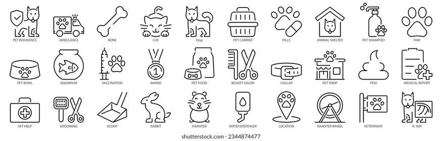 Veterinary line web icons. dog care and cat food. Pets. pet care and dog paw. Collection of Outline Icons. Cute animals. Vector illustration.